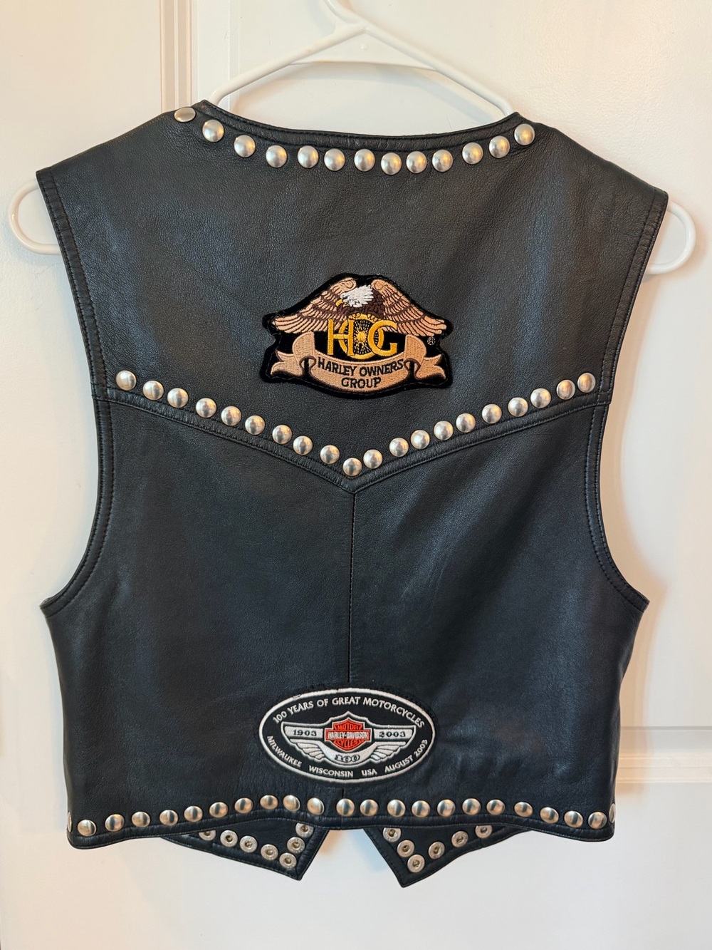 Vtg Harley Davidson Vest 100th Anniversary Patch Studded Black Leather